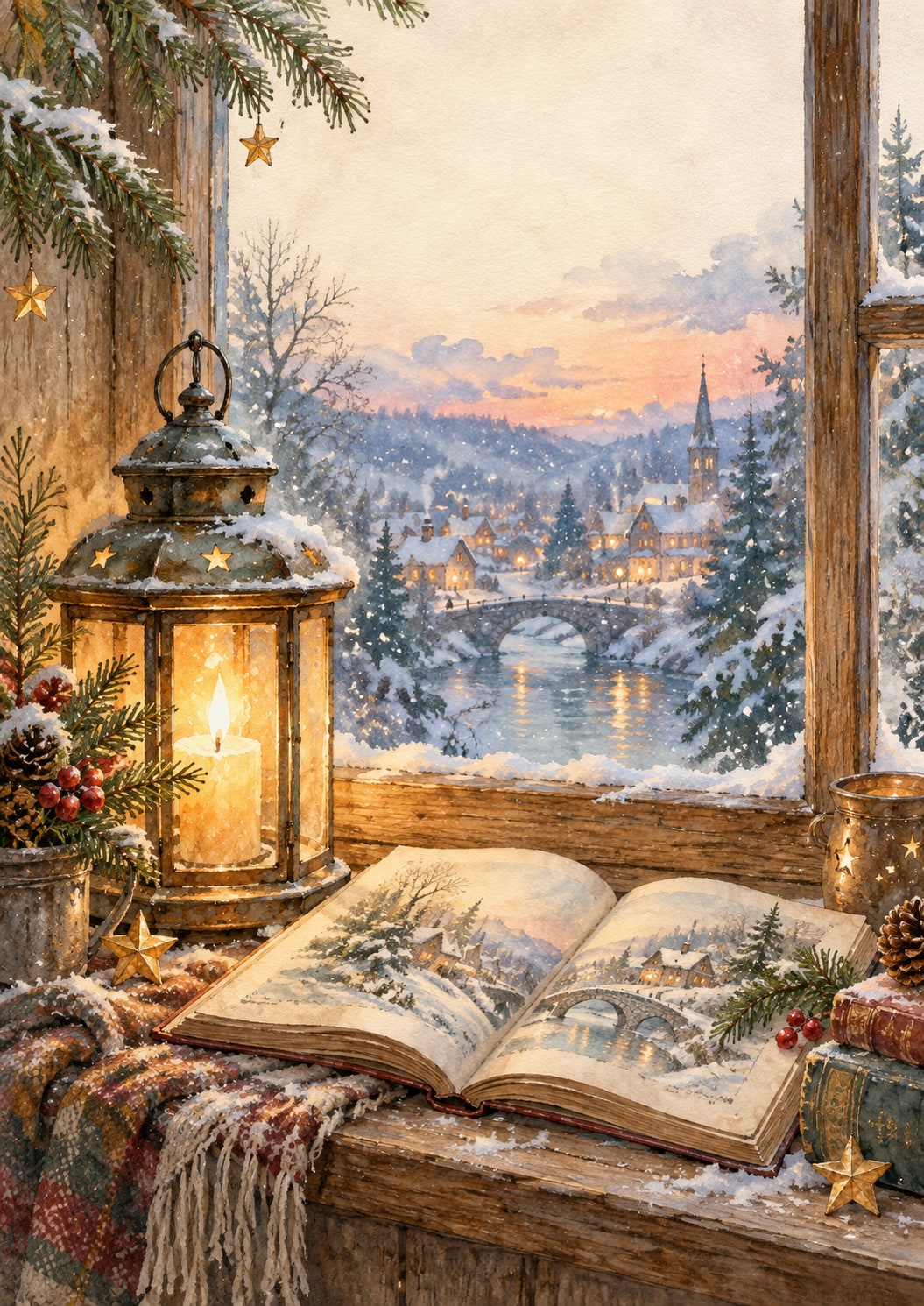 Открытая книга и фонарь у заснеженного окна на зимнем закате