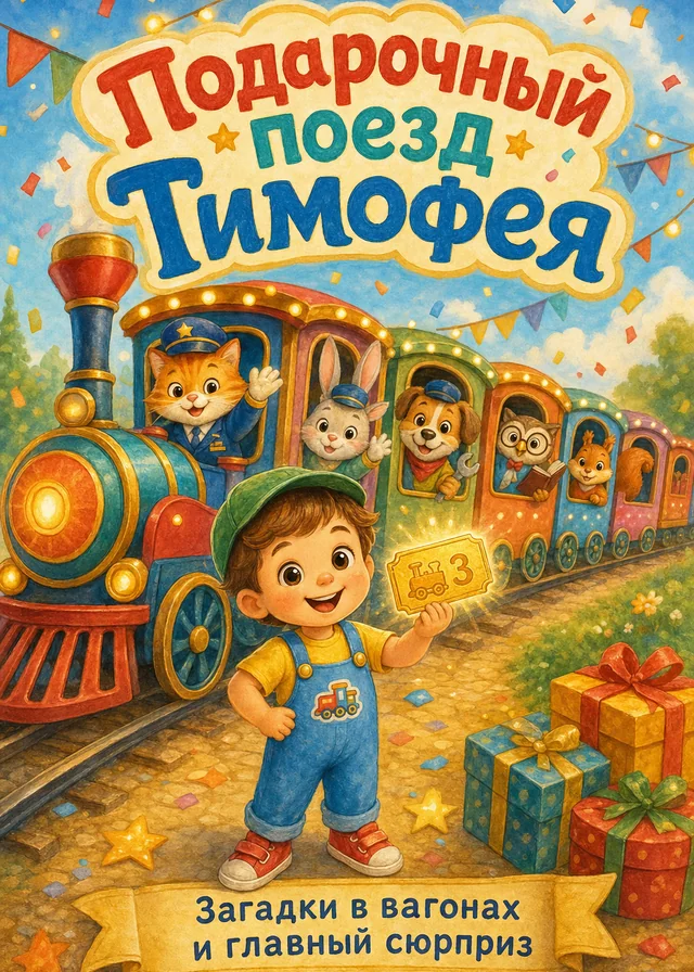 Обложка короткой персональной сказки про Тимофея и подарочный поезд